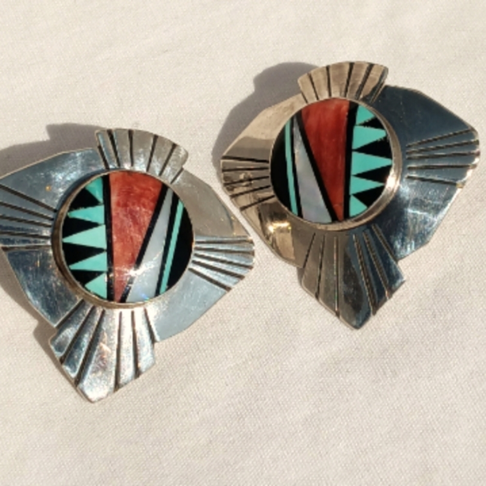 Native American Zuni Multi stone Large Statement Sterling Silver Earry